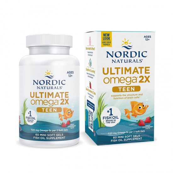 【胶囊因天气原因融化不理赔】NORDIC NATURALS 美国挪威小鱼学生青少年儿童2倍含量DHA补脑鱼油软胶囊增加记忆力60粒（12-18岁） 保质期：2027.11